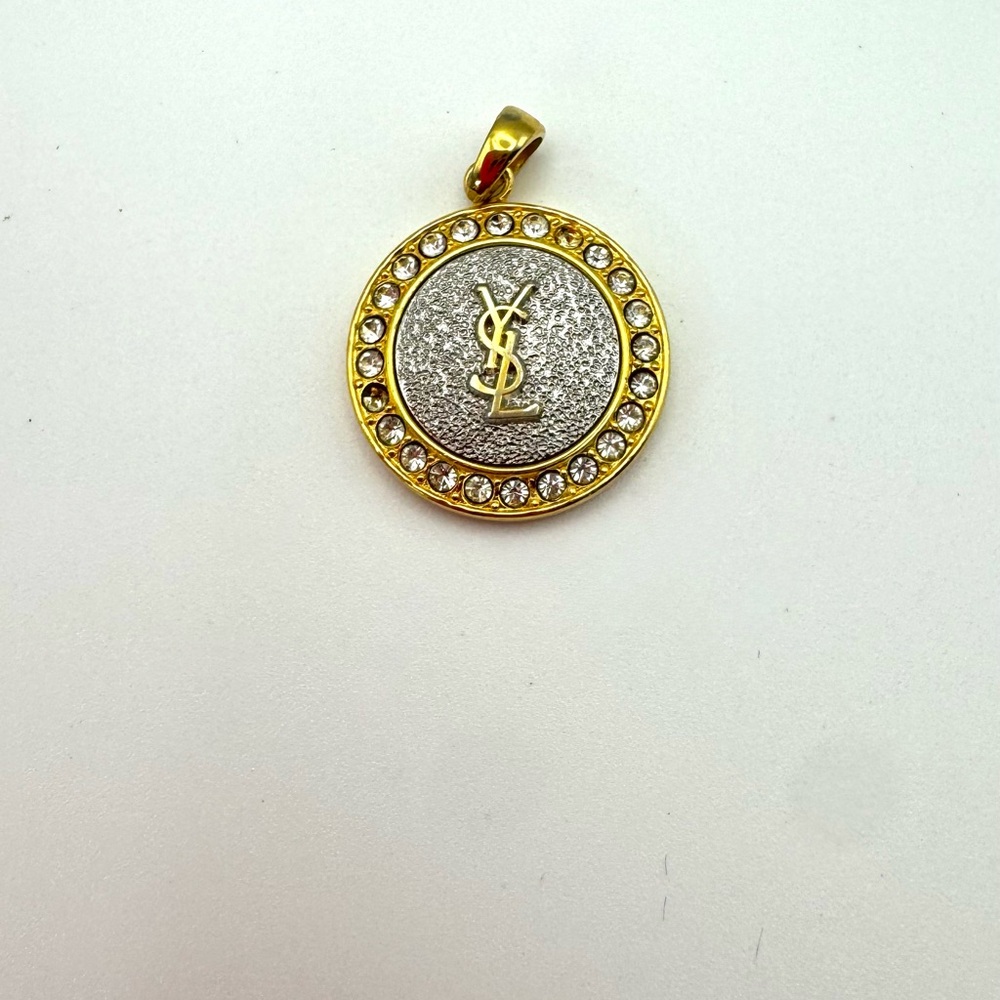 Vintage Yves Saint Laurent YSL Crystal Halo Medallion Pendant Necklace Gold Tone